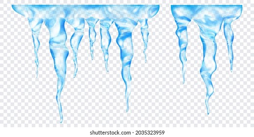 Grupo de partículas realistas transparentes de azul claro de diferentes longitudes, conectadas en la parte superior, aisladas en un fondo transparente. Transparencia sólo en formato vectorial