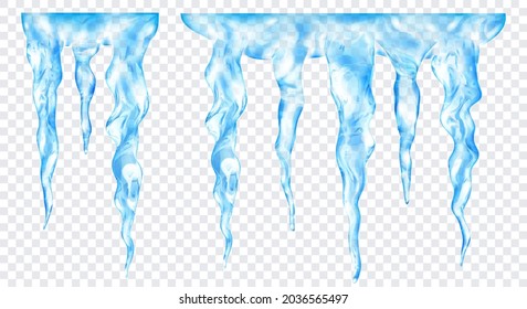 Grupo de partículas realistas transparentes de azul claro de diferentes longitudes, conectadas en la parte superior, aisladas en un fondo transparente. Transparencia sólo en formato vectorial