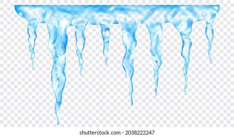 Group of translucent light blue realistic icicles of different lengths, connected at the top, isolated on transparent background. Transparency only in vector format