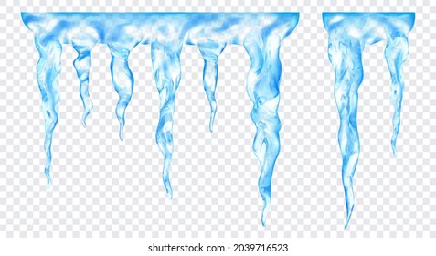 Group of translucent light blue realistic icicles of different lengths, connected at the top, isolated on transparent background. Transparency only in vector format