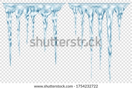 Group of translucent light blue realistic icicles of different lengths connected at the top. For use on light background. Transparency only in vector format
