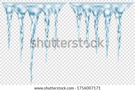 Group of translucent light blue realistic icicles of different lengths connected at the top. For use on light background. Transparency only in vector format
