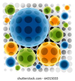 Group of Transparent Color Spheres on Light Dotted Pattern. Vector Background