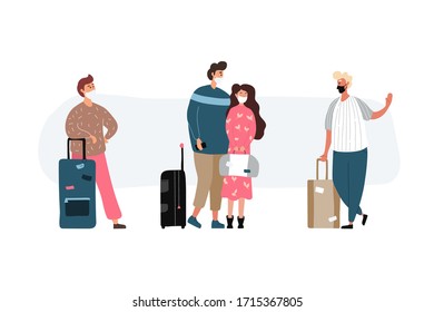 Group of travel people with medical masks. Men and women wearing protection from virus. Young tourists travelling with backpacks and bags, suitcases. Vector illustration in a flat style.