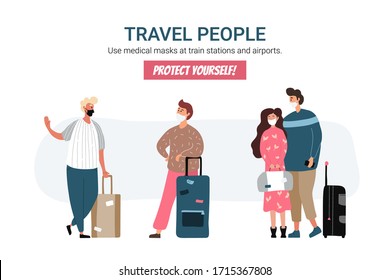 Group of travel people with medical masks. Men and women wearing protection from virus. Young tourists travelling with backpacks and bags, suitcases. Vector illustration in a flat style.