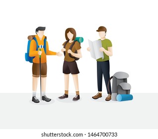 Group of traveler walking. Young woman and man group hiking in mountains. Cartoon character traveling people with backpacks. Climbing on mountain. Vector illustration hiking and climbing