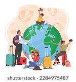 Group Of Travelers Is Depicted Around An Earth Globe with Various Travel Items. Image Promoting Travel Agencies, Tour Operators, Vacation Packages or Trip around the World. Cartoon Vector Illustration