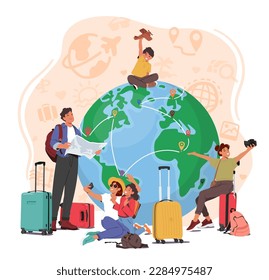 Group Of Travelers Is Depicted Around An Earth Globe with Various Travel Items. Image Promoting Travel Agencies, Tour Operators, Vacation Packages or Trip around the World. Cartoon Vector Illustration