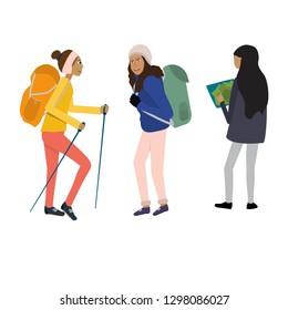 Group of travelers. Girls with backpacks. Vector illustration in a flat style. 
