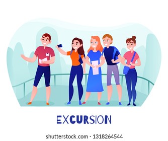 Group of travelers and guide on viewing platform during excursion outdoor in summer vector illustration