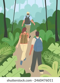 Group of travelers in rainforest go deep. People with backpacks in jungle explore nature. Figures are viewed from behind. Flat vector illustration.