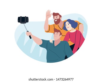 
Group of traveller taking a selfie.
Travelling people flat style illustration. Suitable for website, travel agencies, poster, and other printing material.