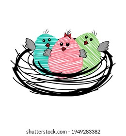 A group of Tree pink green blue scribble Vector Easter eggs or chickens are in the nest isolated on a white background for embroidery