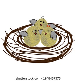 A group of Tree Yellow scribble Vector Easter eggs or chickens are in the nest isolated on a white background for embroidery