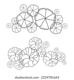 Grupo de árboles para planos de pisos arquitectónicos. Diseño de Entourage. Varios árboles, arbustos y arbustos, dan a la planta de diseño del paisaje. Ilustración vectorial.