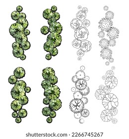 Group of trees for architectural floor plans. Entourage design. Various trees, bushes, and shrubs, top view for the landscape design plan. Vector illustration.