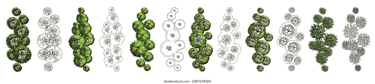 Group of trees for architectural floor plans. Entourage design. Various trees, bushes, and shrubs, top view for the landscape design plan. Vector illustration.
