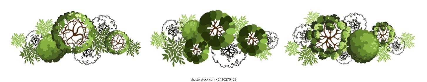 Group of trees for architectural floor plans. Entourage design. Various trees, bushes, and shrubs, top view for the landscape design plan. Vector illustration.
