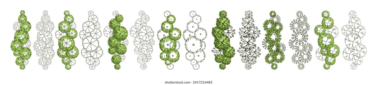 Group of trees for architectural floor plans. Entourage design. Various trees, bushes, and shrubs, top view for the landscape design plan. Vector illustration.