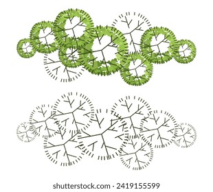 Group of trees for architectural floor plans. Entourage design. Various trees, bushes, and shrubs, top view for the landscape design plan. Vector illustration.