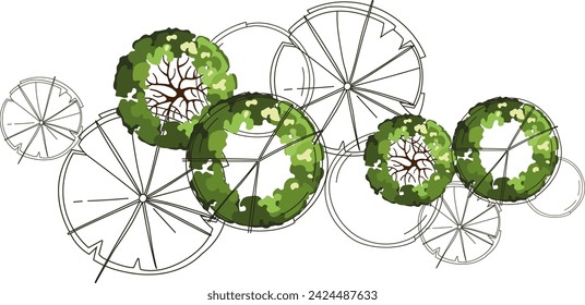 Grupo de árboles para planos arquitectónicos. Diseño de séquito. Varios árboles, arbustos y arbustos, vista superior para el plan de diseño del paisaje. Ilustración vectorial.