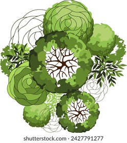 Grupo de árboles para planos arquitectónicos. Diseño de séquito. Varios árboles, arbustos y arbustos, vista superior para el plan de diseño del paisaje. Ilustración vectorial.