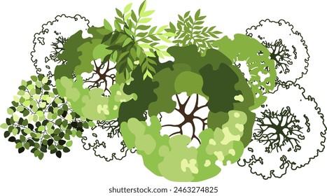 Group of trees for architectural floor plans. Entourage design. Various trees, bushes, and shrubs, top view for the landscape design plan. Vector illustration.