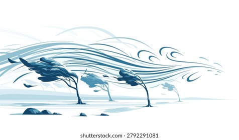 Group of trees bending under a strong wind storm in a monochromatic blue landscape vector illustration for weather concept.
