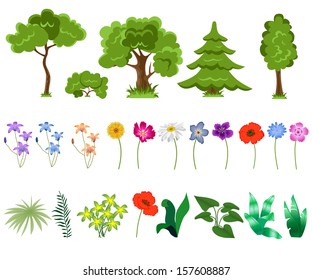 Group trees and flowers isolated on white