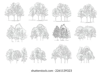 Group of trees line drawing, Side view, set of graphics trees elements outline symbol for architecture and landscape design drawing. Vector illustration in stroke fill in white. Background tree