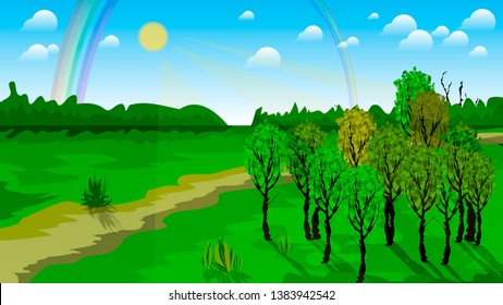 group of trees near the road in the rays of sunlight under the sky with clouds and a rainbow on the background of fields and forests. Summer post-rain landscape. author's drawing. vector