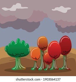 grupo de árboles con ilustración vectorial de dibujos animados de hojas rojas