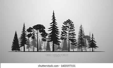 A group of trees, a silhouette of a forest with fog, isolated on a light background. Vector illustration.