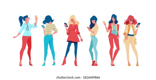 Group of trendy and business people are standing with phone in their hand. Flat vector illustration. Set of fashion people on an isolated background