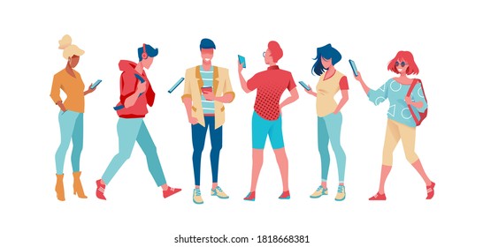 Group of trendy and business people are standing with phone in their hand. Flat vector illustration. Set of fashion people on an isolated background