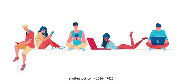 Group of trendy and business teenagers sit and lie with phone and laptop. Flat vector illustration. Set of fashion people on an isolated background