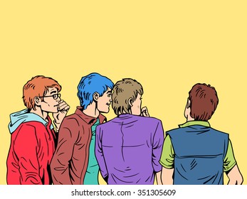 Group of trendy teenagers. Boys are back and in profile. Youth and fashion. The school and University. Four bright young men. Freindship and communication rear view. The interest curiosity the street