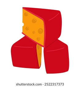 group of triangular pieces yellow cheese stand on top of each other, covered with red wax. Vector illustration of porous dairy products in a flat style. An isolated product on a white background. Flat