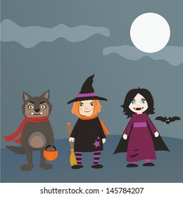 A group of trick-or-treating kids in costumes