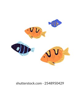 Grupo de peces tropicales nadando bajo el agua. Fauna submarina exótica con escamas estampadas. Fauna marina, habitantes del océano. Mascotas de acuario. Ilustración vectorial aislada plana sobre fondo blanco.