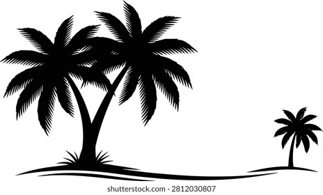 Group of tropical palm tree silhouettes on a sandy beach landscape