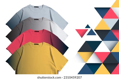 A group of t-shirts with different colors . Blank gradient colourfull Red black , white black , yelloe black , grey navy blue  t shirt mockup collection design .