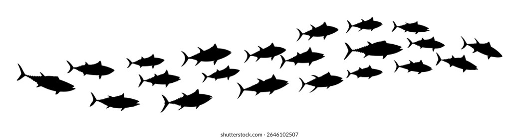 Group of tuna fish swimming in a smooth curved formation underwater. Stylized school of fish icon, ocean wildlife, marine ecosystem
