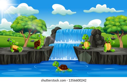 Group of turtle cartoon in waterfall scene