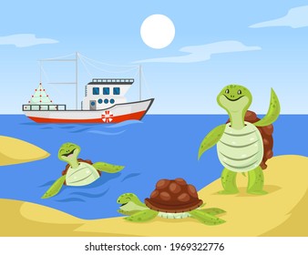 Group of turtles cartoon characters on seashore illustration. Happy tortoise family or friends playing on beach, swimming in water, lying on sand, waving at sailing ship. Summer, vacation concept