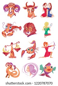 Group twelve sweet beautiful multi-coloured cartoons of Zodiac symbols