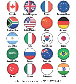 Group Of Twenty (20) Or G20 Flag Icon Set 3D Circle For Global Political Cooperation And Diplomacy.	