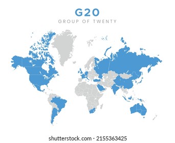 Grupo de los veinte países en el mapa mundial. Infografía del G20 aislada sobre fondo blanco. Material vectorial