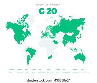 Group of Twenty countries on world map vector template. G20 infographic design illustration