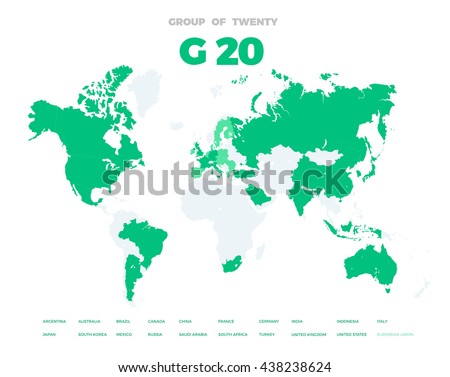 Group of Twenty countries on world map vector template. G20 infographic design illustration